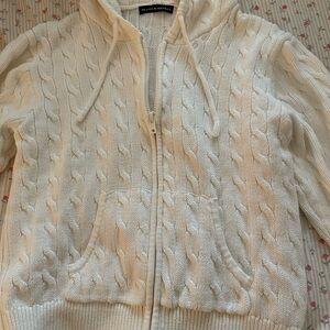 White Zip-Up Cardigan Sweater with Hood